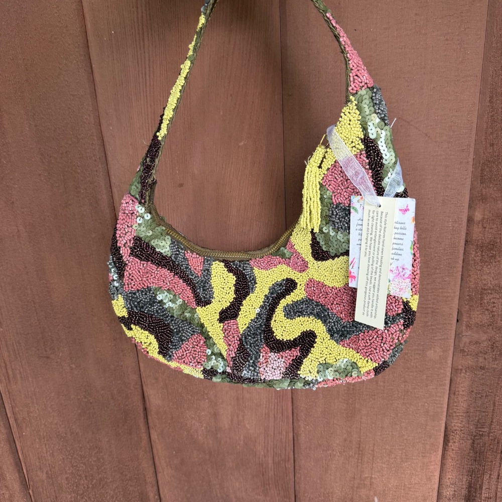 Handcrafted  Multi Color Camo Sequin Beaded Boho Shoulder Bag with 
Tassel